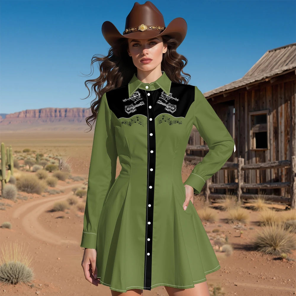 Long Sleeve Western-Style Button-Front Shirt Dress with Graphic Yoke