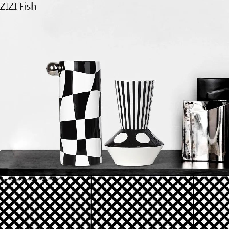 Art Deco Black & White Striped Geometric Vase