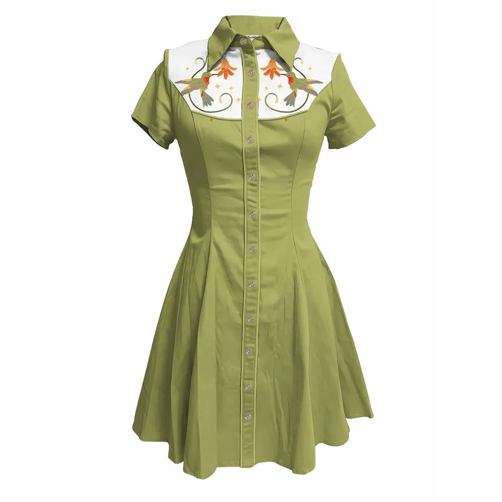 Short Sleeve Button-Front Shirt Dress with Bird Yoke Graphic