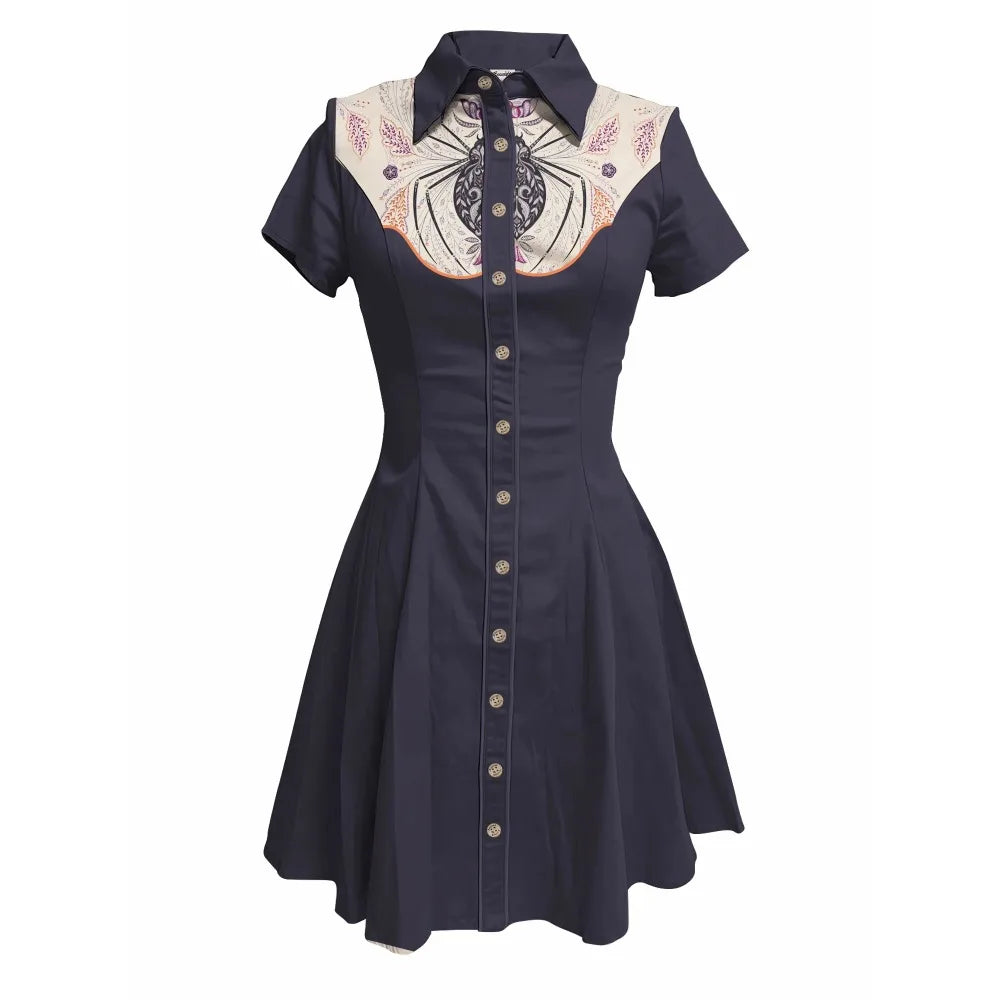 Short Sleeve Button-Front Shirt Dress with Spiderweb Yoke Graphic