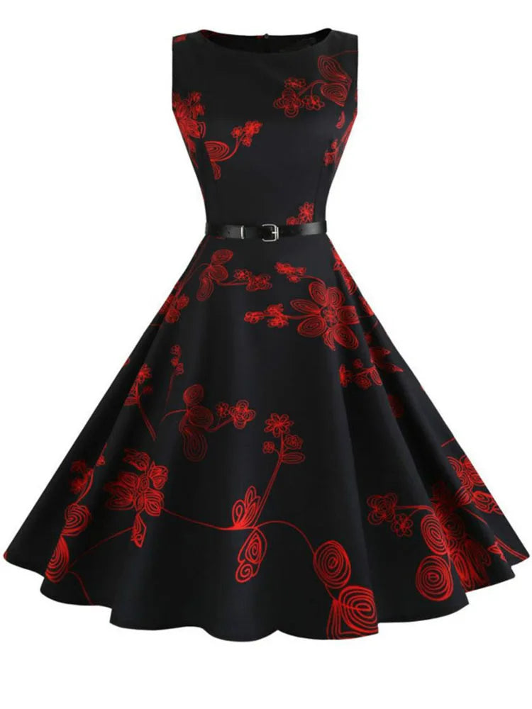 Floral Print Women Summer Dress Hepburn 50s 60s Retro Swing Vintage Dress A-Line Party Dresses With Belt jurken