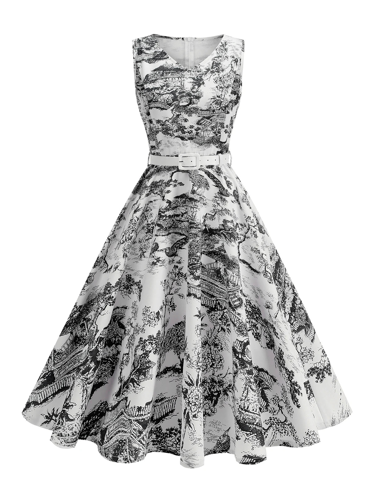 Scenic Print Belted Fit & Flare Dress