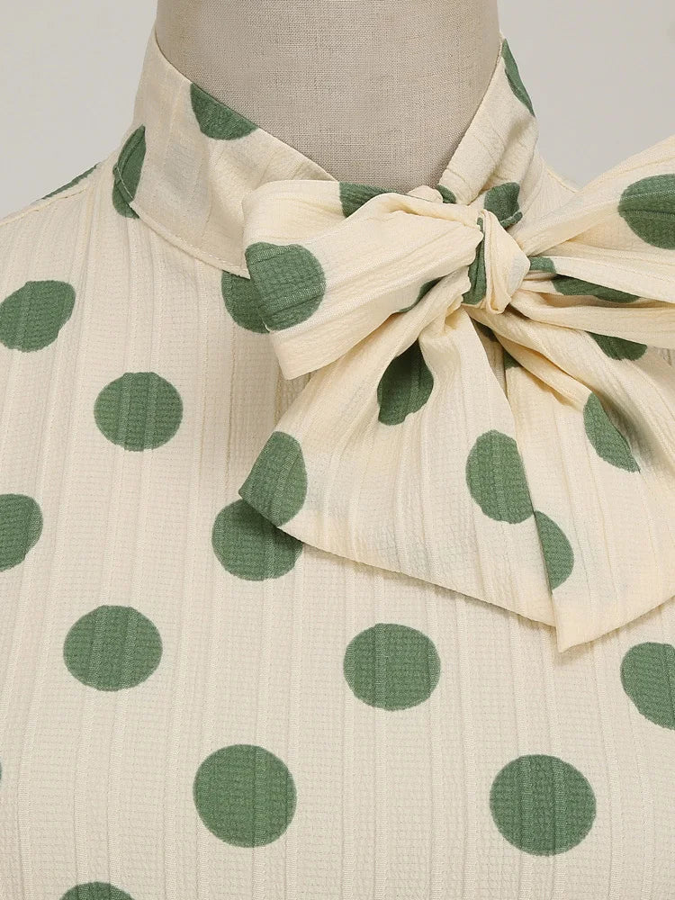 High Neck Polka Dot Long Sleeve Midi Dress with Bow Detail