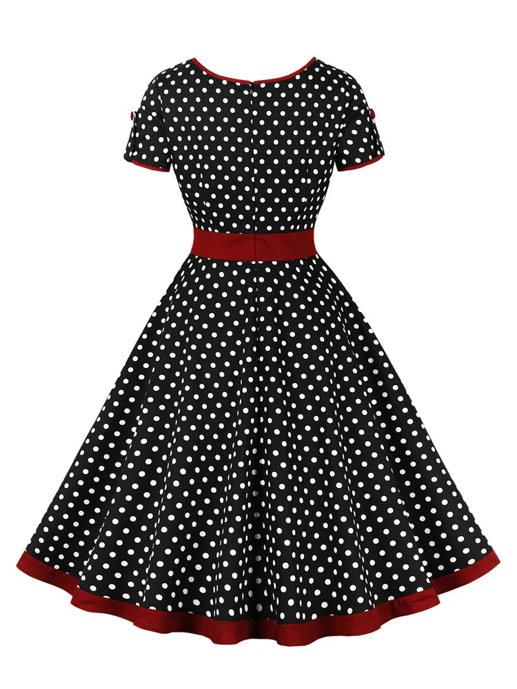 Polka Dot Short Sleeve Midi Dress with Waist Band