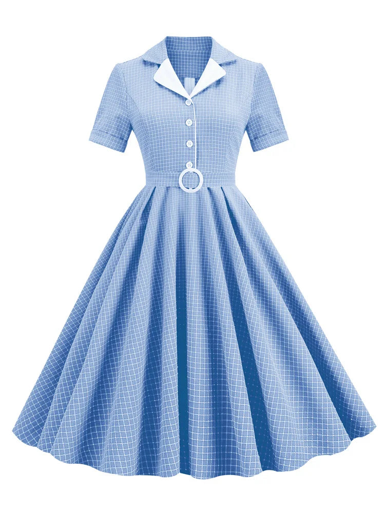 Grid Print Collared Midi Dress with Belt