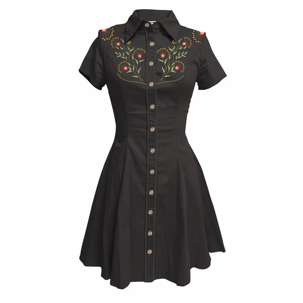 Short Sleeve Button-Front Shirt Dress with Rose Yoke Graphic