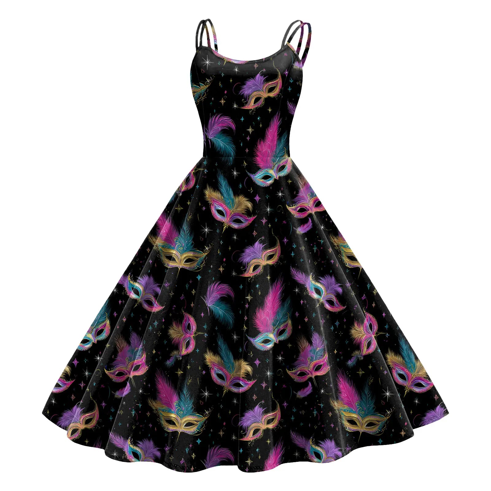 Carnival Mask Print Strappy Midi Dress