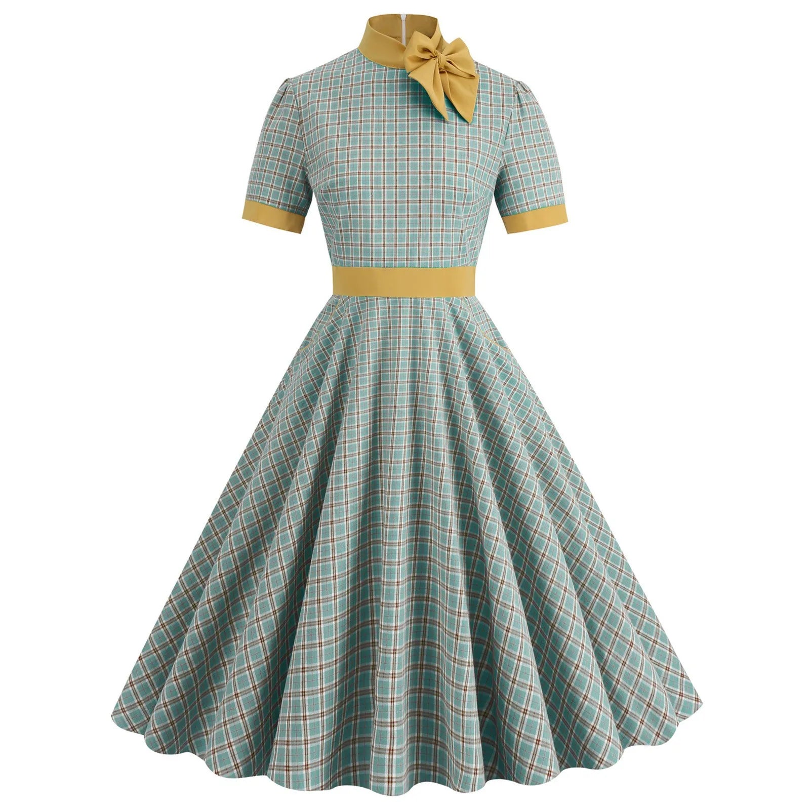 Plaid High Neck Midi Dress with Bow Detail