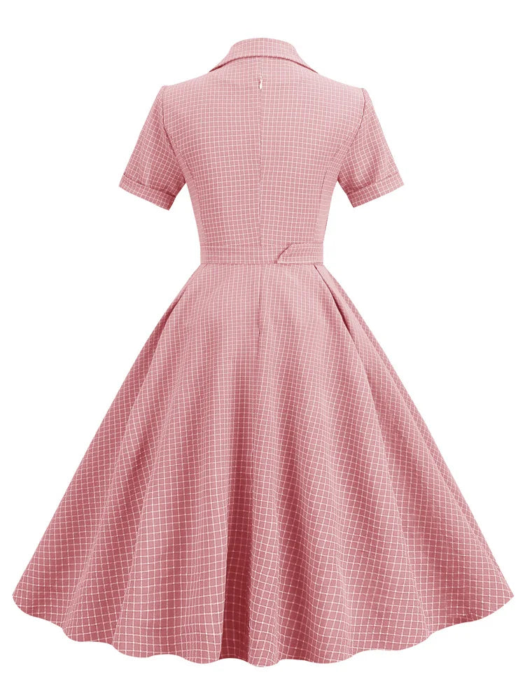 Grid Print Collared Midi Dress with Belt