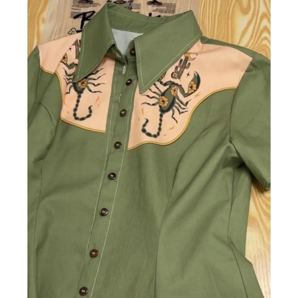 Short Sleeve Western-Style Button-Front Shirt Dress with Scorpion Yoke Graphic