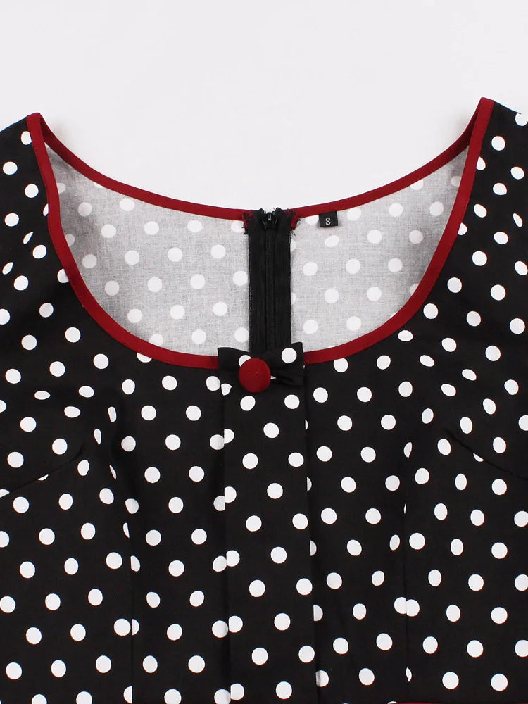 Polka Dot Short Sleeve Midi Dress with Waist Band