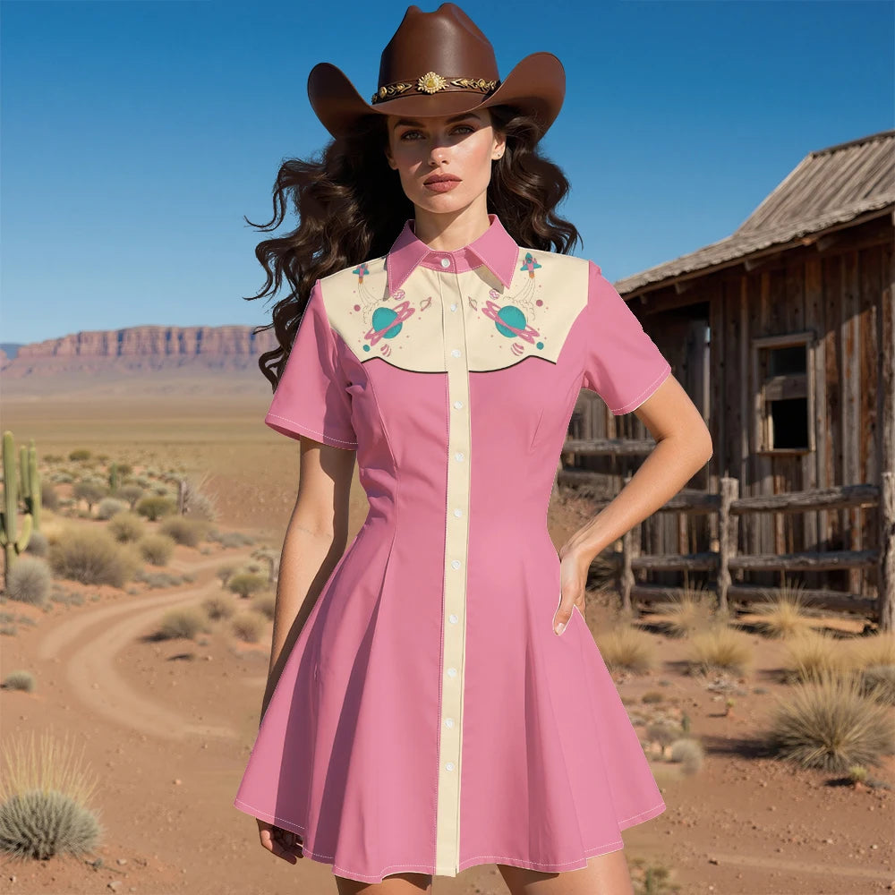 Short Sleeve Western-Style Button-Front Shirt Dress with Planet Yoke Print