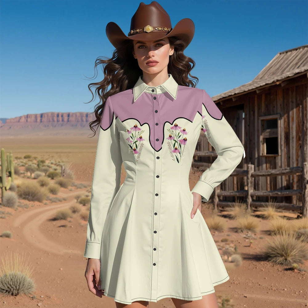 Long Sleeve Western-Style Button-Front Shirt Dress with Floral Yoke Graphic