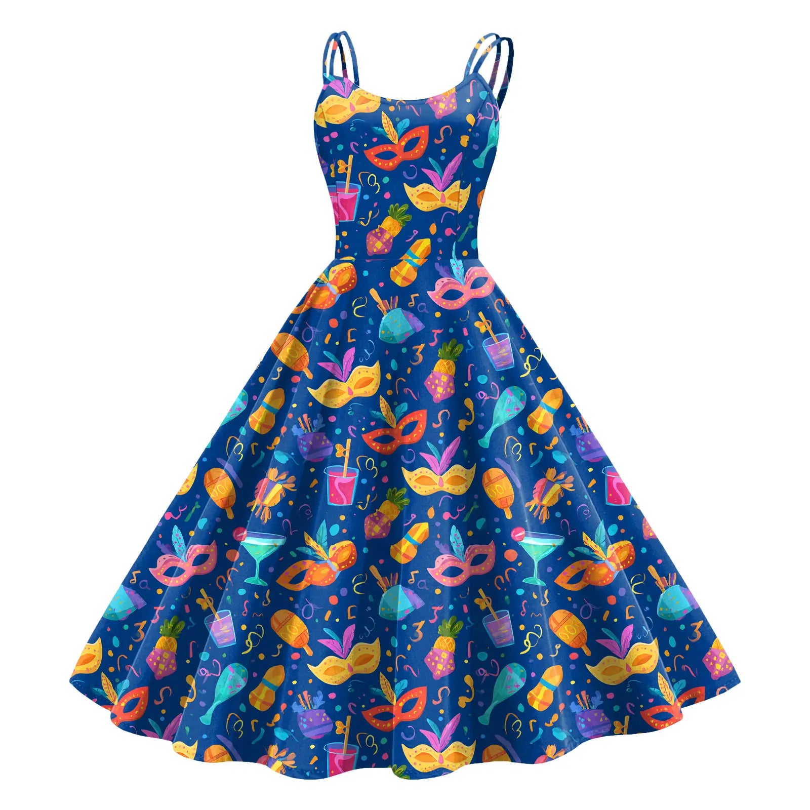 Sleeveless Mardi Gras Print Fit and Flare Dress