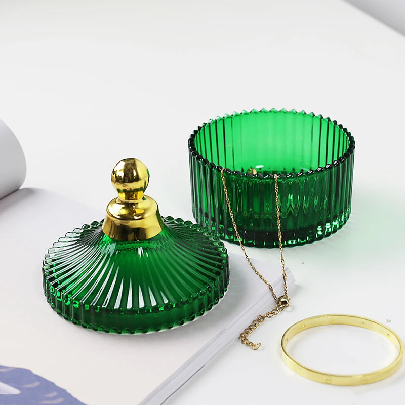 "Emerald Regency" Embossed Green Glass Jewelry & Candy Box