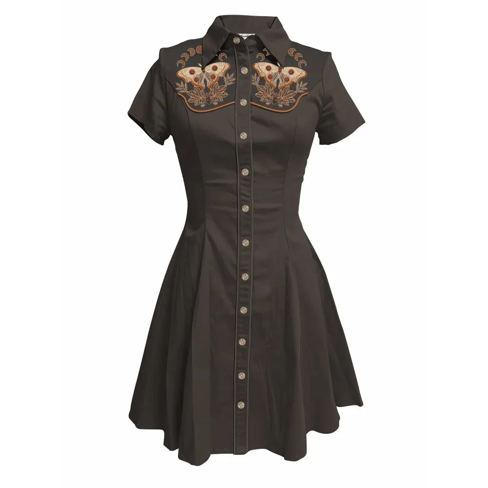 Short Sleeve Button-Front Shirt Dress with Moth Design