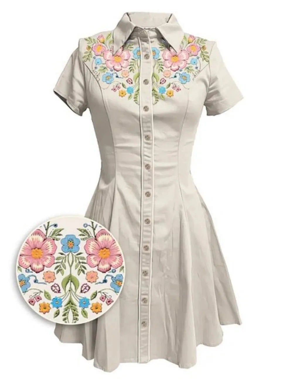 Short Sleeve Western-Inspired Button-Front Shirt Dress with Floral Yoke