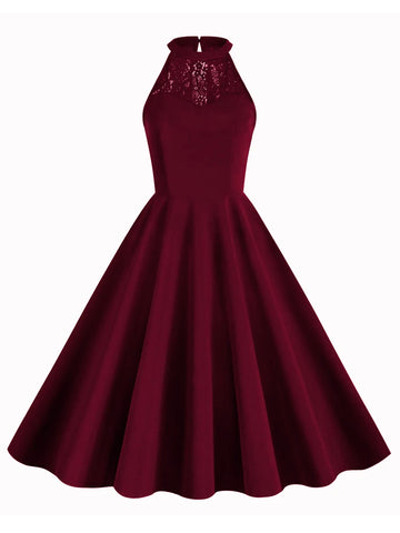 Lace Yoke Halter Fit & Flare Dress
