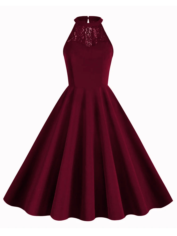 Lace Yoke Halter Fit & Flare Dress
