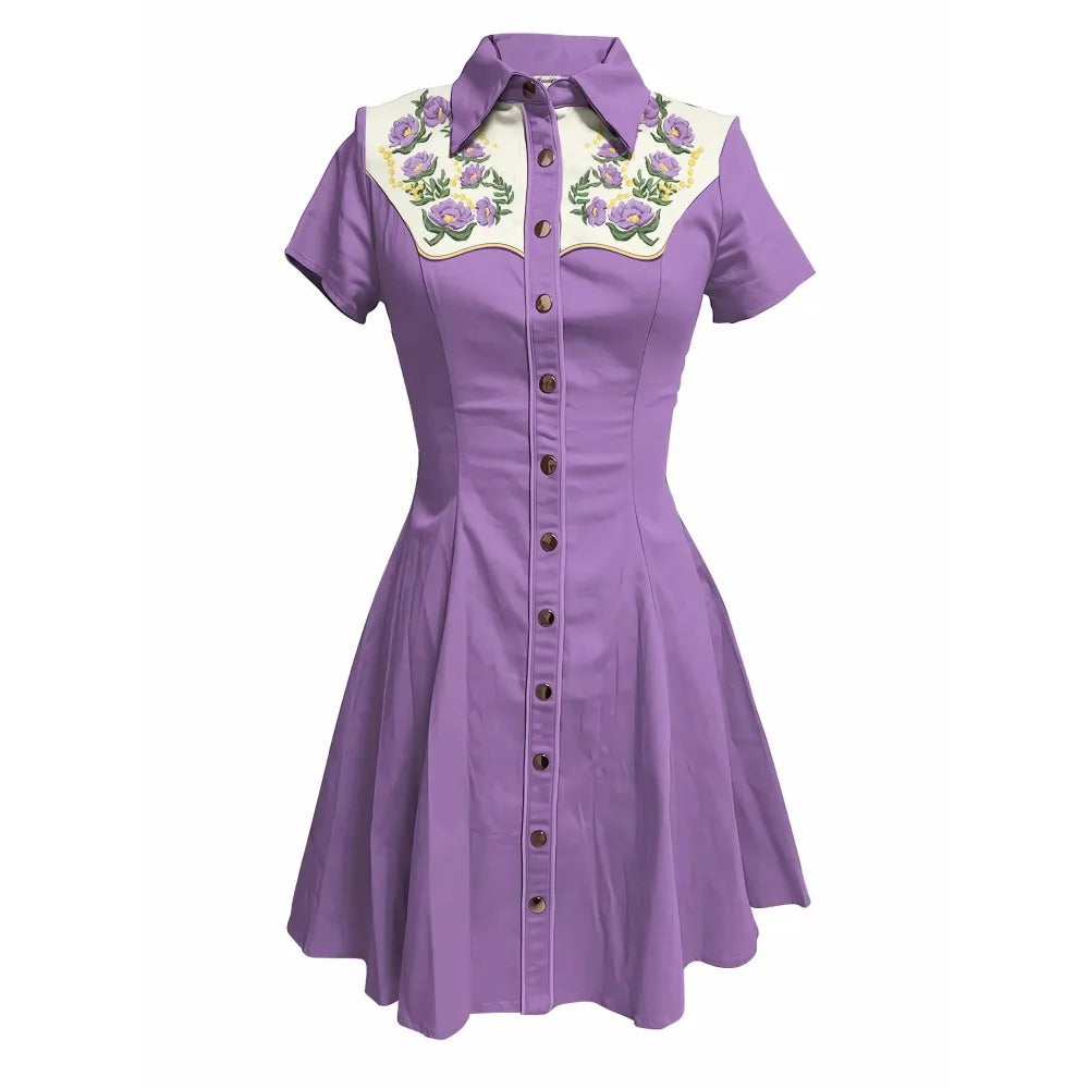 Short Sleeve Western-Style Button-Front Shirt Dress with Floral Embroidered Yoke
