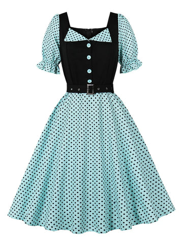 Polka Dot Contrast Panel Midi Dress with Belt