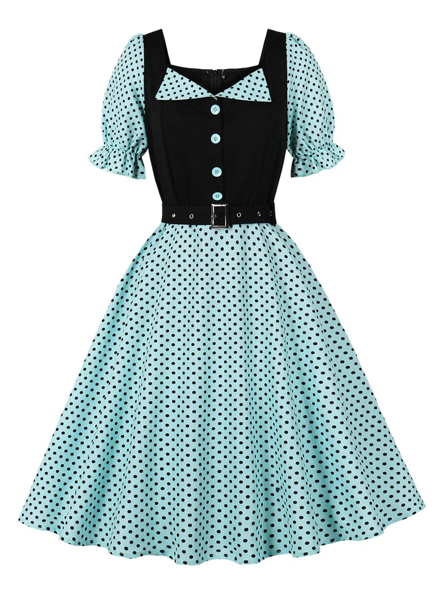 Polka Dot Contrast Panel Midi Dress with Belt