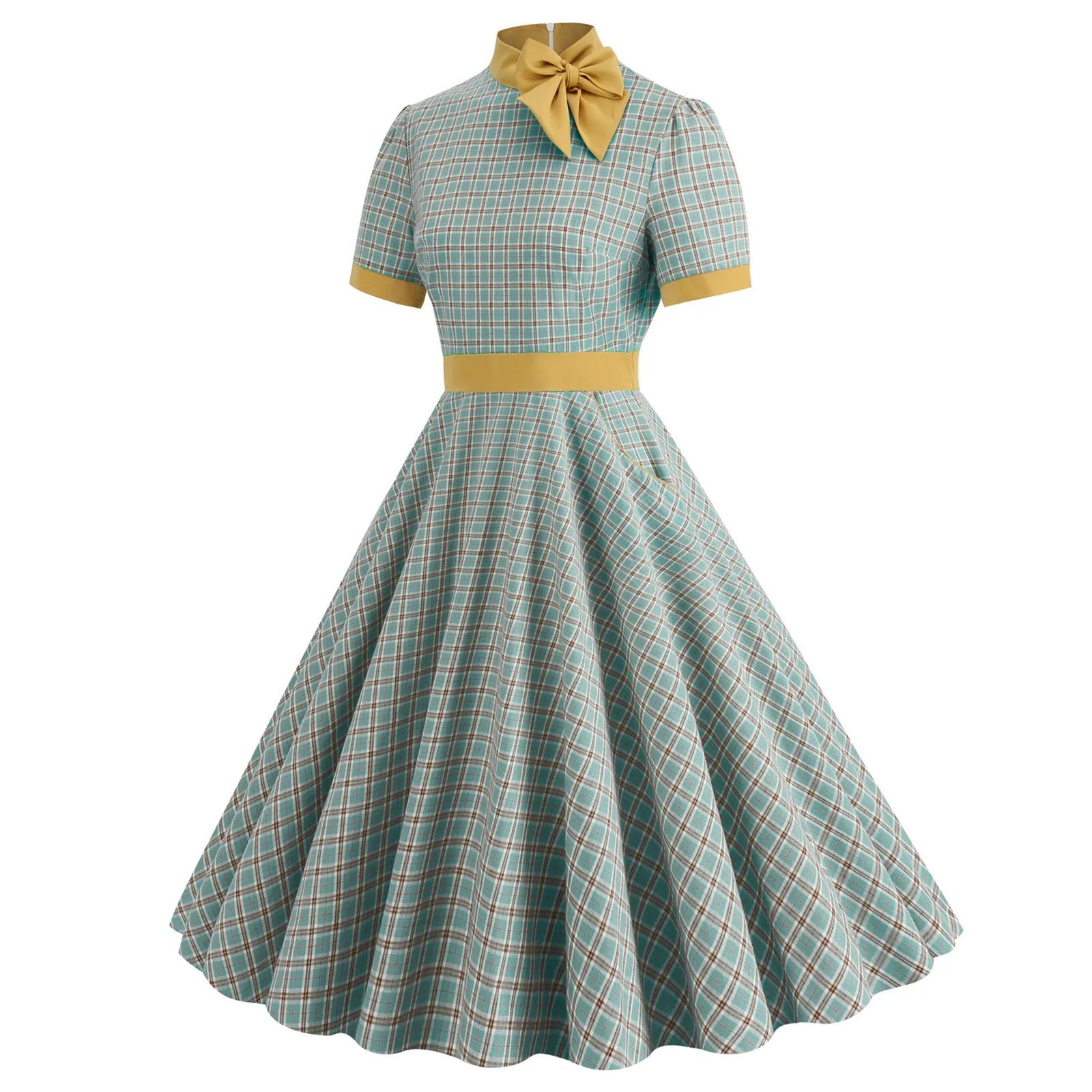 Plaid High Neck Midi Dress with Bow Detail