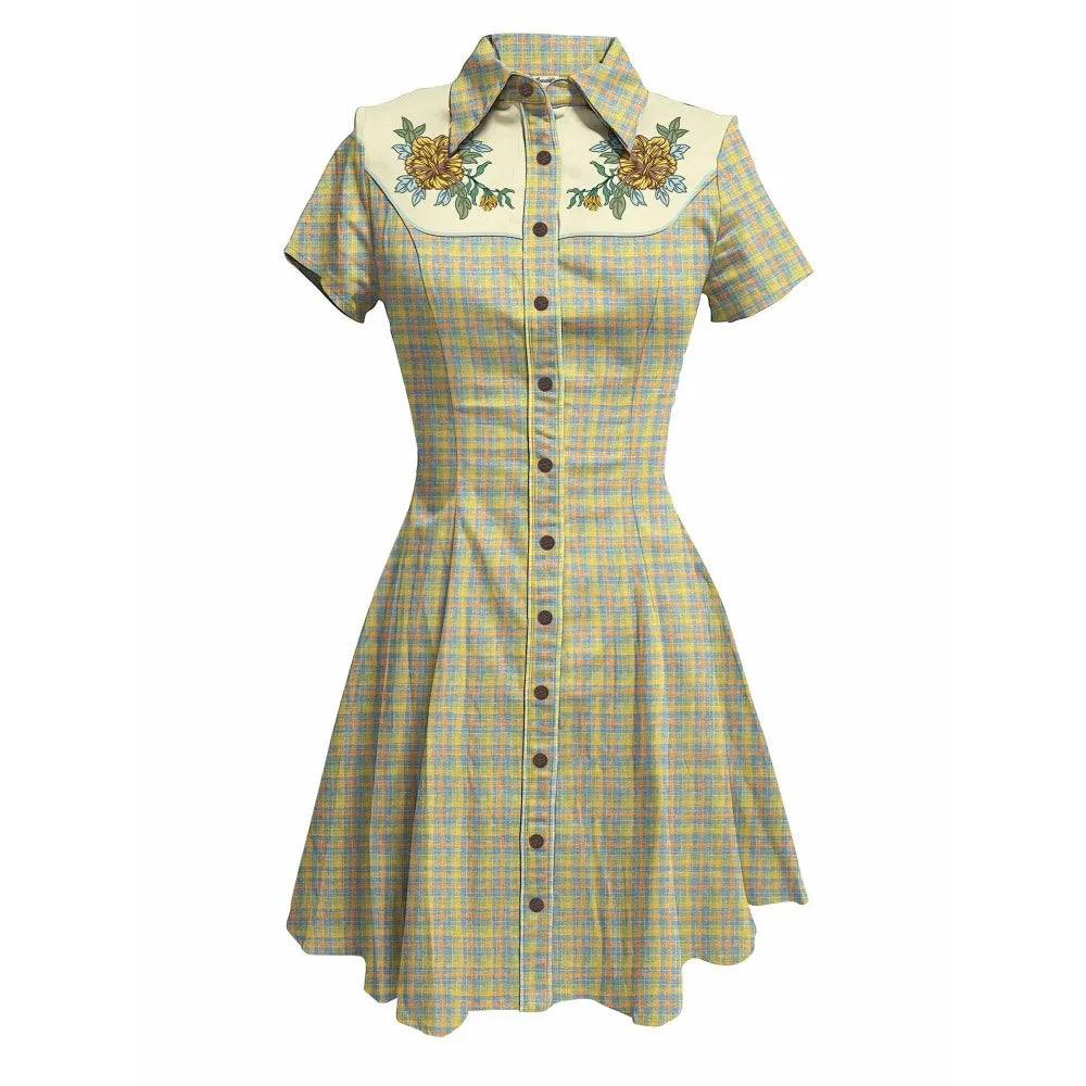 Short Sleeve Button-Front Shirt Dress with Plaid Print and Embroidered Yoke