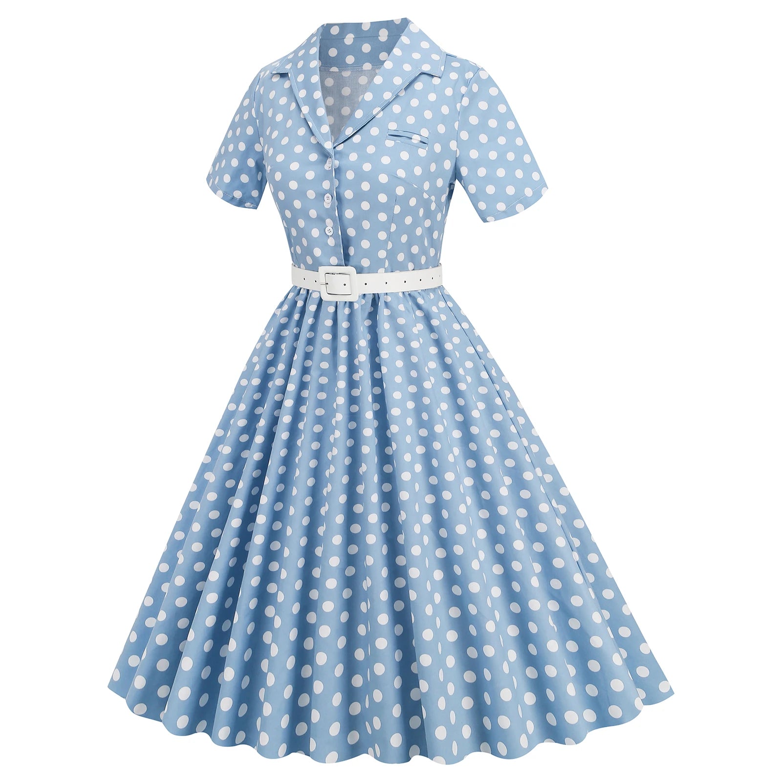 Women Vintage Polka Dots Dress Retro Elegant V-Neck Office Cocktail Tea Party 1950s 40s Swing Dress Summer Dress Short Sleeves