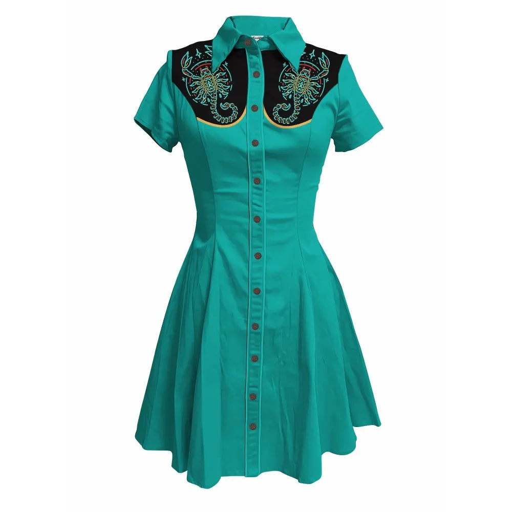 Short Sleeve Western-Style Button-Front Shirt Dress with Scorpion Yoke Graphic