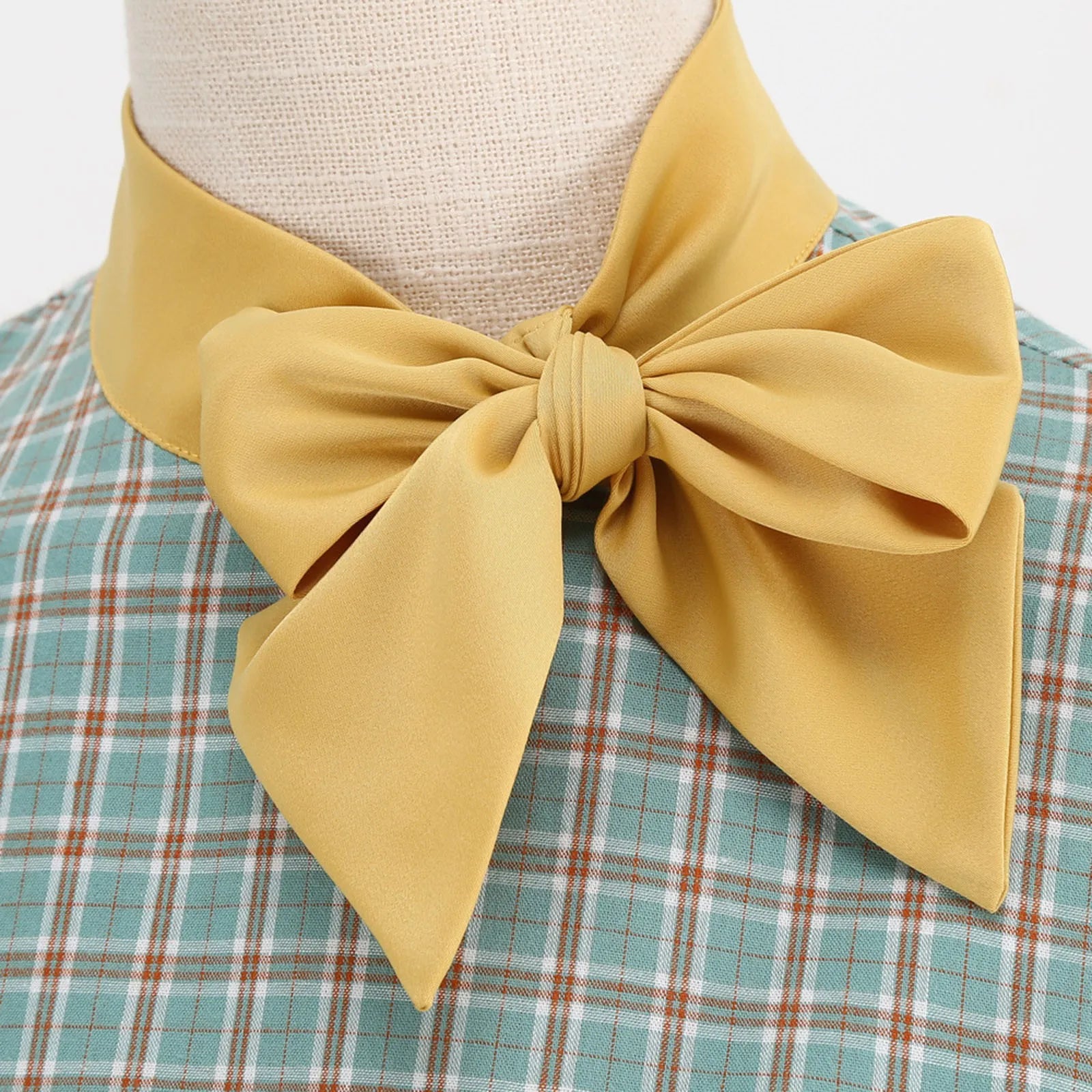 Plaid High Neck Midi Dress with Bow Detail