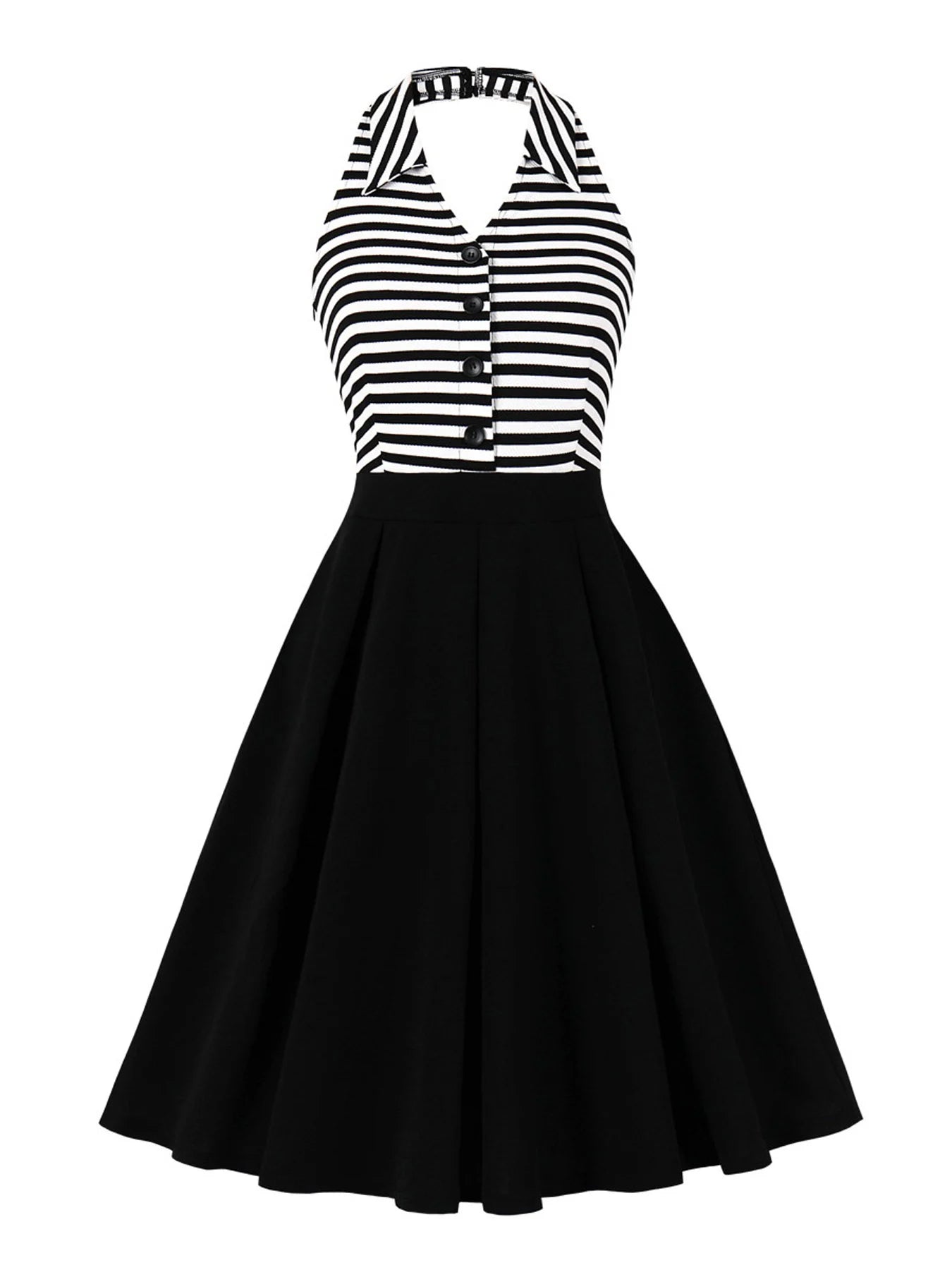 Striped Halter Button Bodice Fit & Flare Dress
