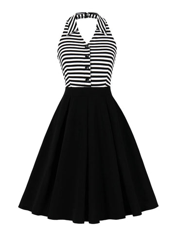 Striped Halter Button Bodice Fit & Flare Dress