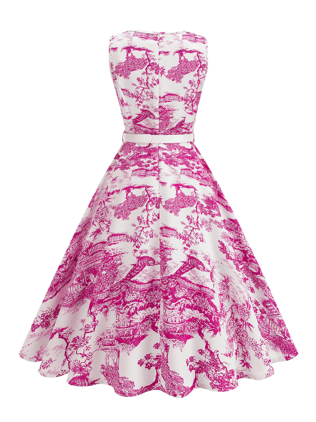 Scenic Print Belted Fit & Flare Dress