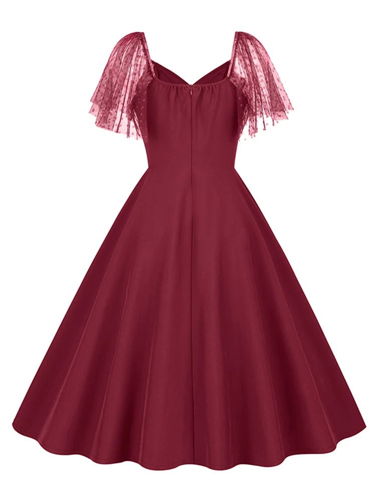Sheer Mesh Sleeve Fit and Flare Midi Dress