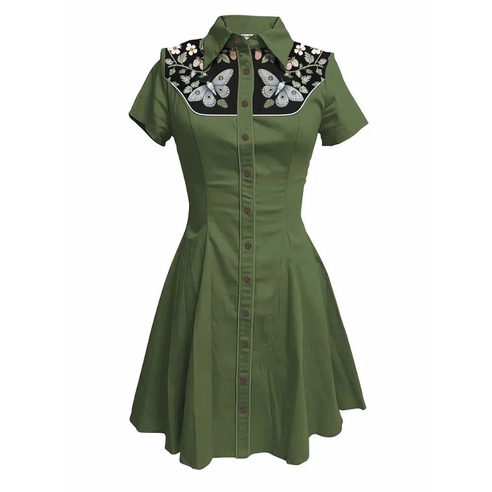 Short Sleeve Button-Front Shirt Dress with Moth Design