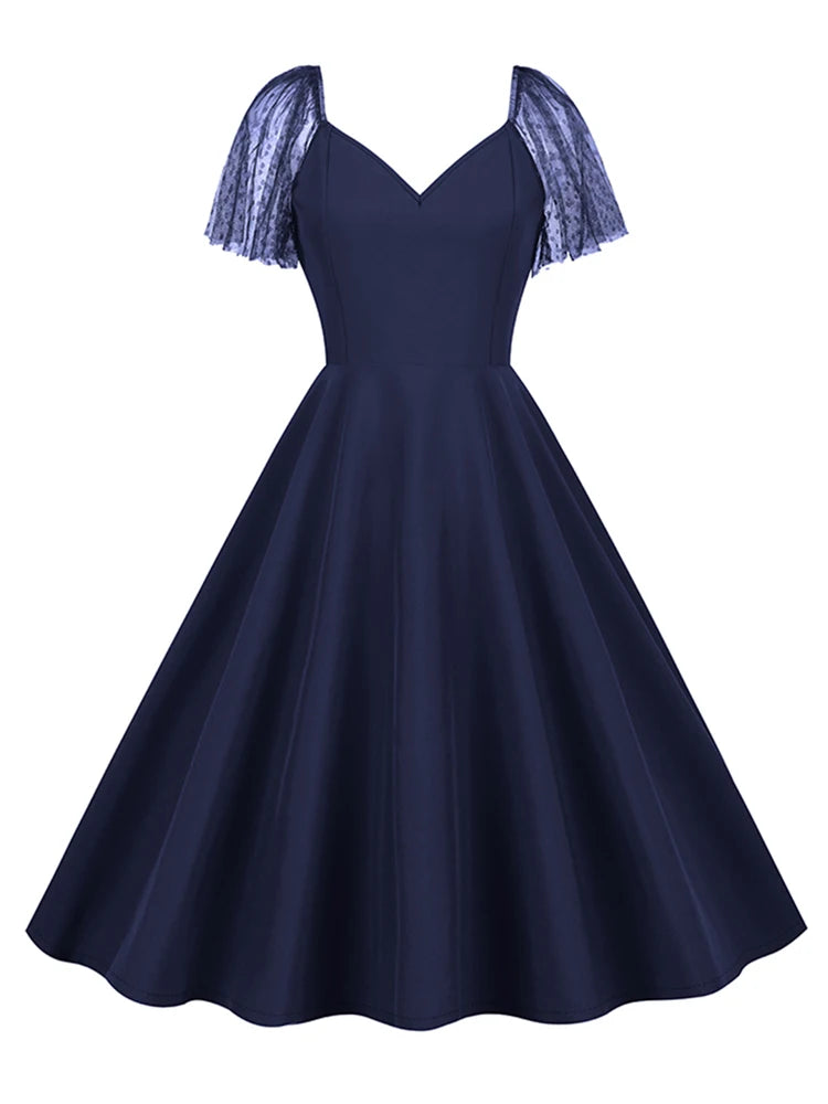 Sheer Mesh Sleeve Fit and Flare Midi Dress