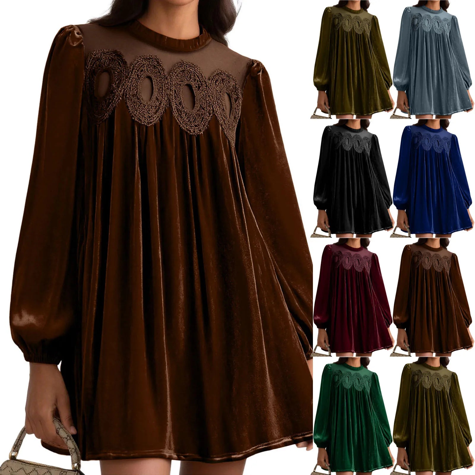 Velvet Long Sleeve Mini Dress with Embroidered Yoke