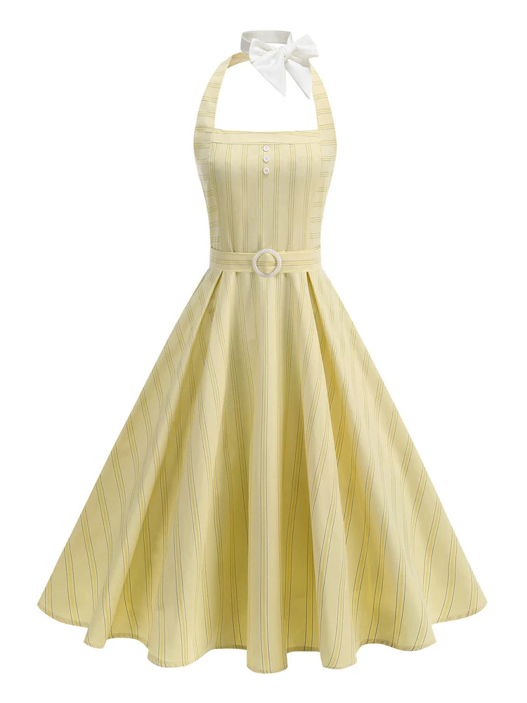 Striped Halter Belted Midi Dress