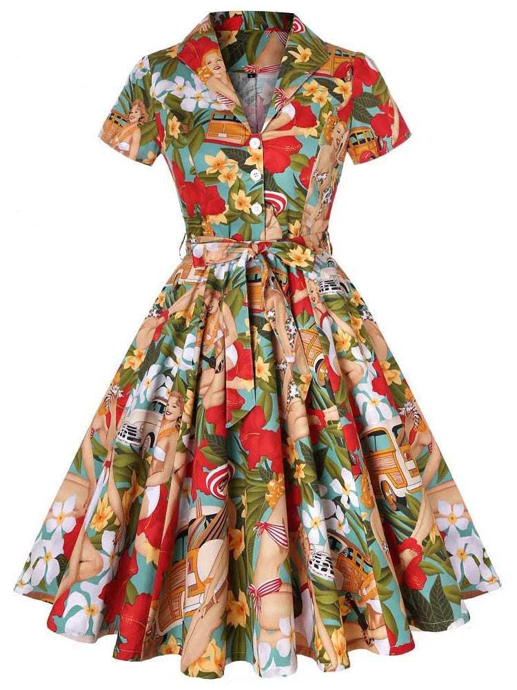 Short Sleeve Tropical Print Fit and Flare Midi Dress with Tie Belt
