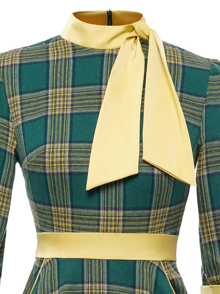 Plaid Neck Tie Contrast Trim Fit & Flare Dress