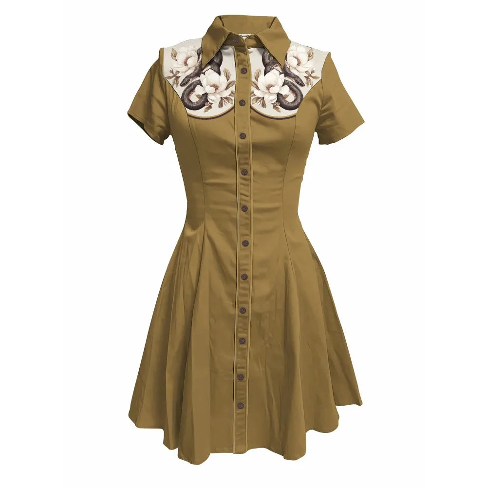 Short Sleeve Western-Inspired Button-Front Shirt Dress with Snake and Rose Yoke