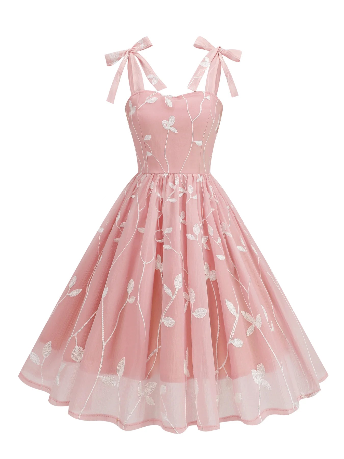 Embroidered Tie Strap Tulle Dress