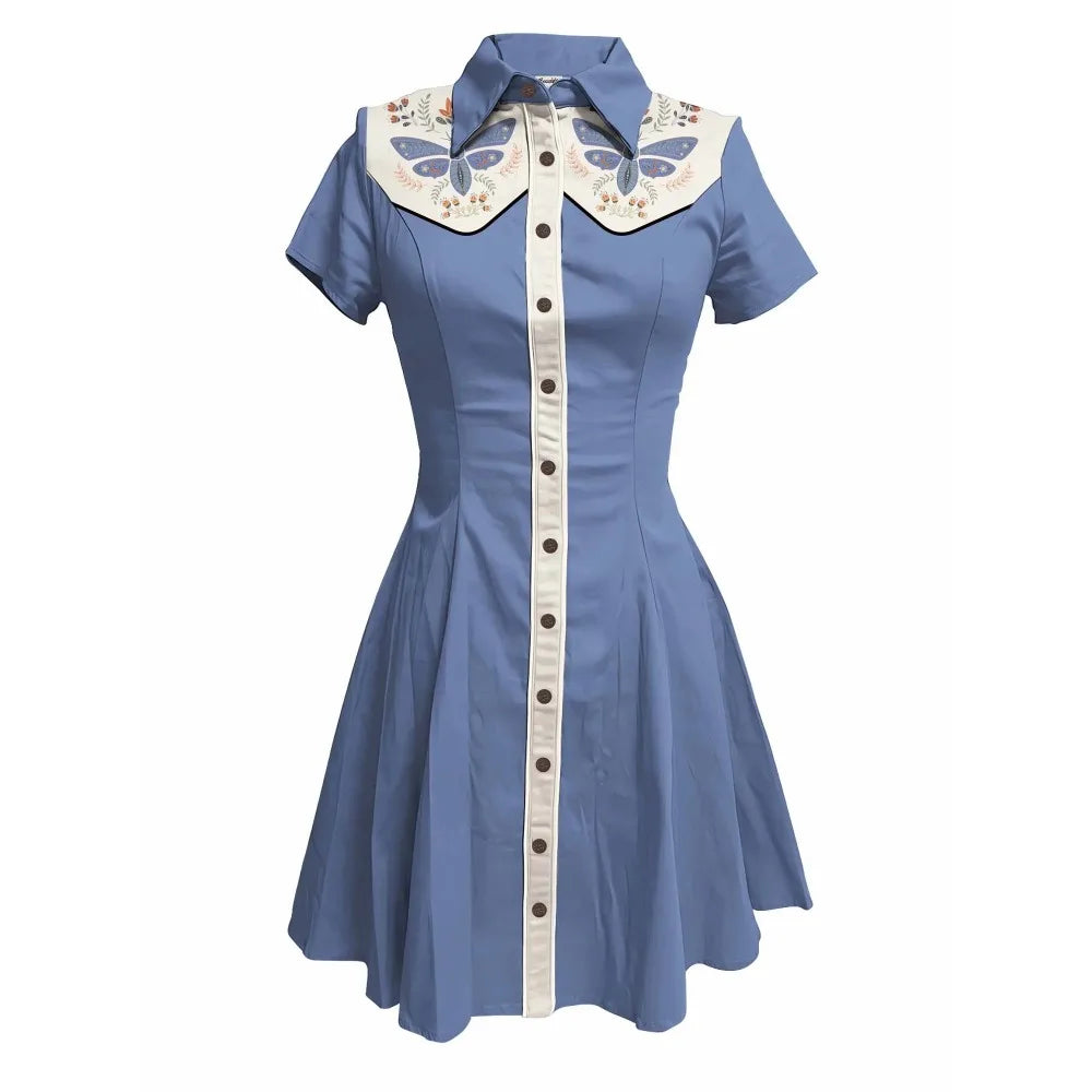 Short Sleeve Button-Front Shirt Dress with Moth Design