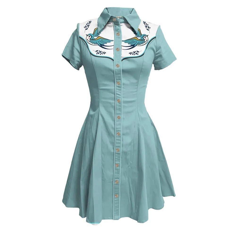 Short Sleeve Button-Front Shirt Dress with Bird Yoke Graphic