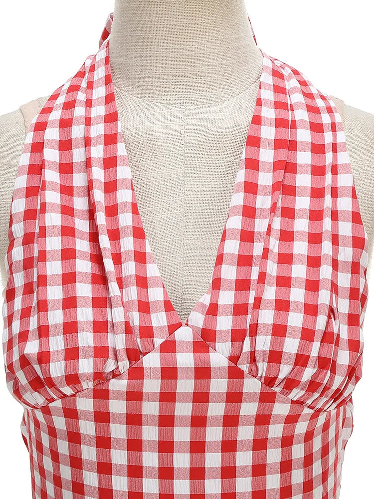 Gingham Halter Full Skirt Dress