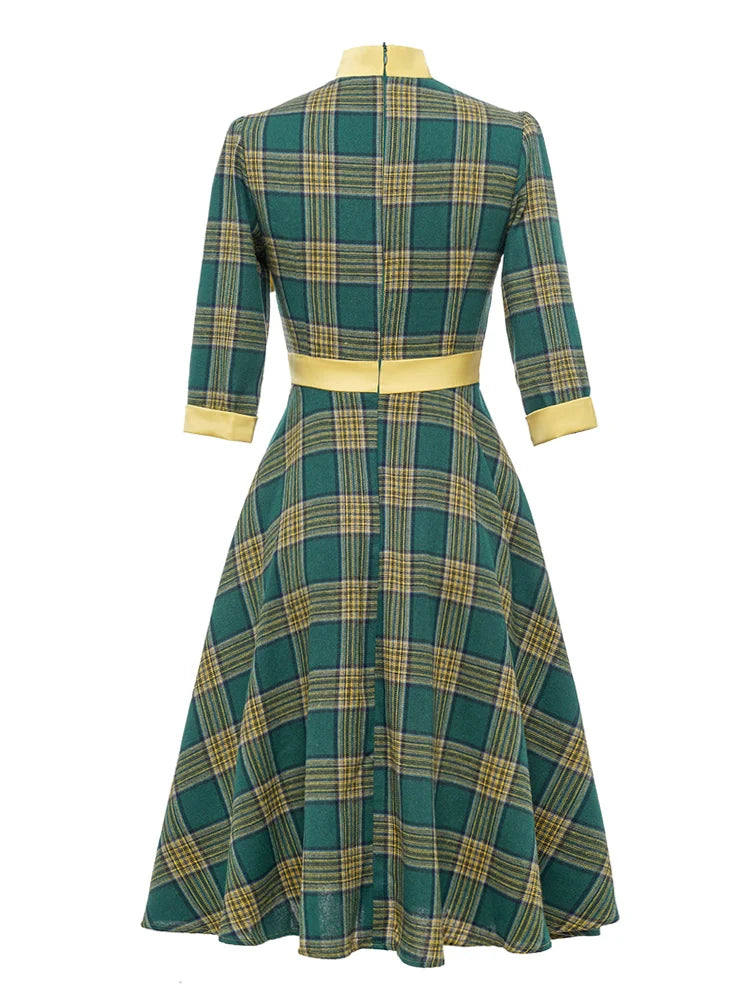 Plaid Neck Tie Contrast Trim Fit & Flare Dress