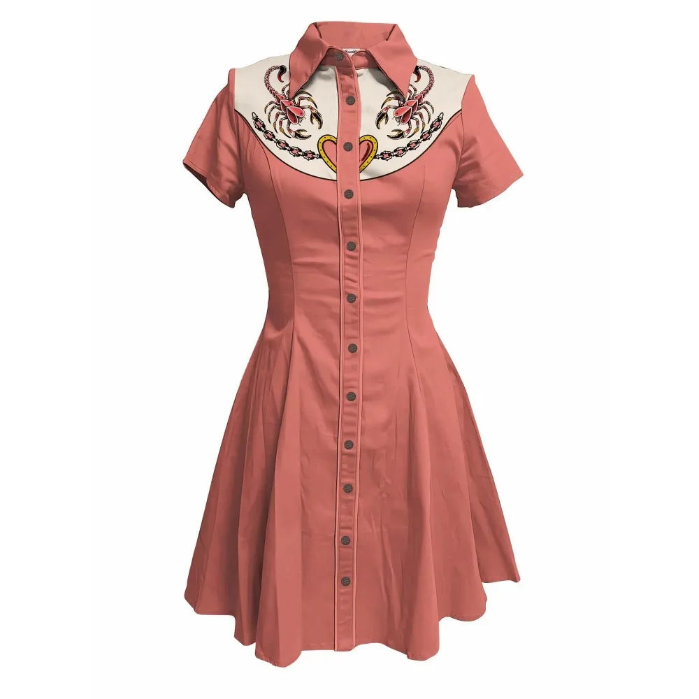 Short Sleeve Western-Style Button-Front Shirt Dress with Scorpion Yoke Graphic
