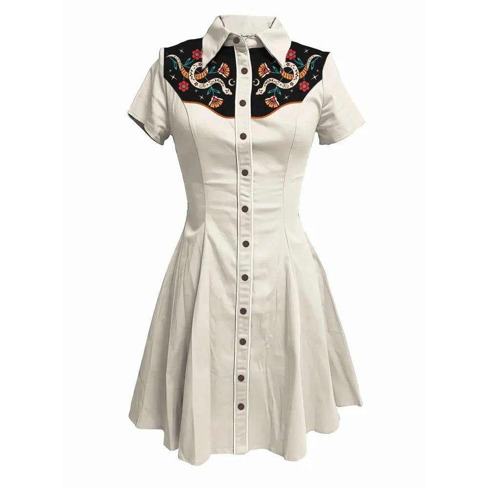 Short Sleeve Western-Inspired Button-Front Shirt Dress with Snake and Rose Yoke