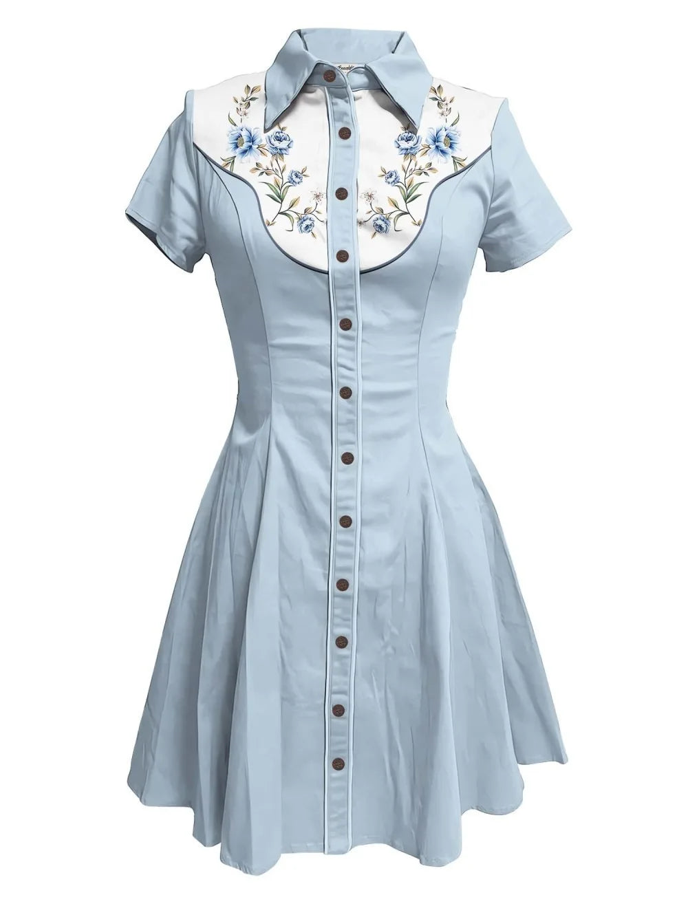 Short Sleeve Western-Inspired Button-Front Shirt Dress with Floral Yoke